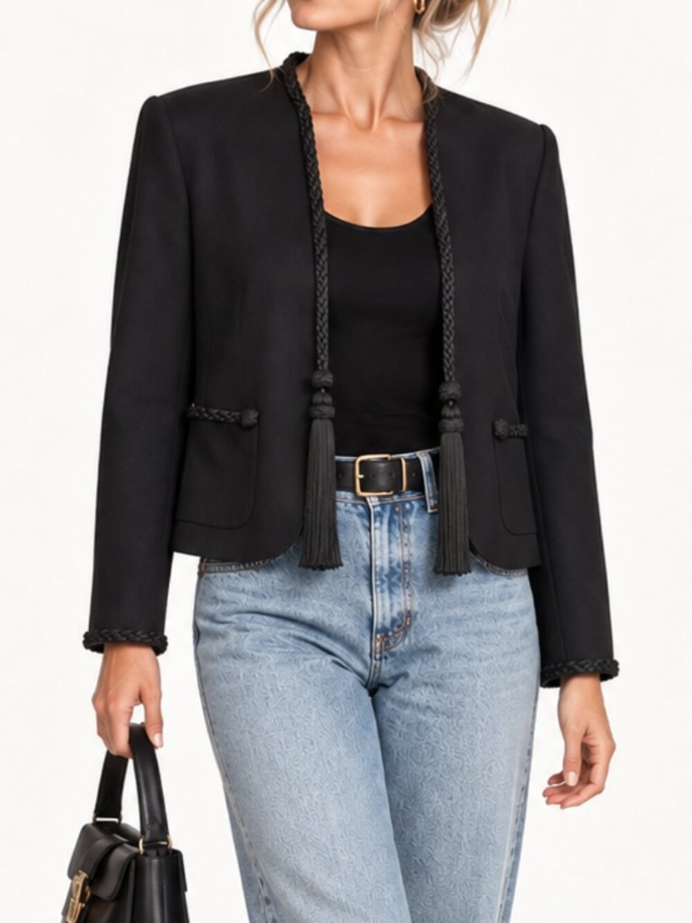 Vintage Carlisle Black Wool Tassel Braid Trim Jacket Blazer Size 12